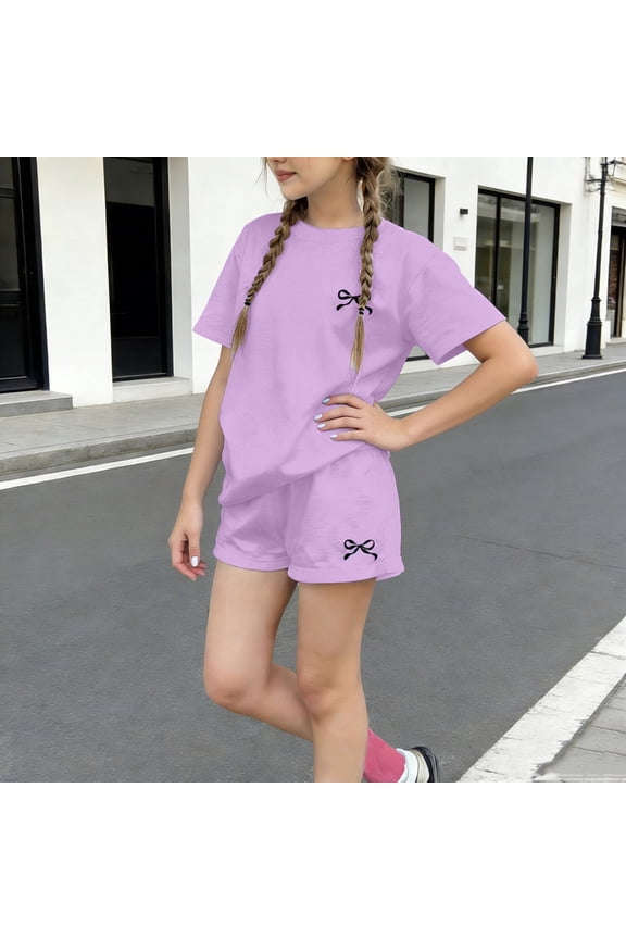 Girls Summer Outfit Sets, Short Sleeve Casual 2 Piece T-shirts and Shorts Sets Purple Size 10-12
