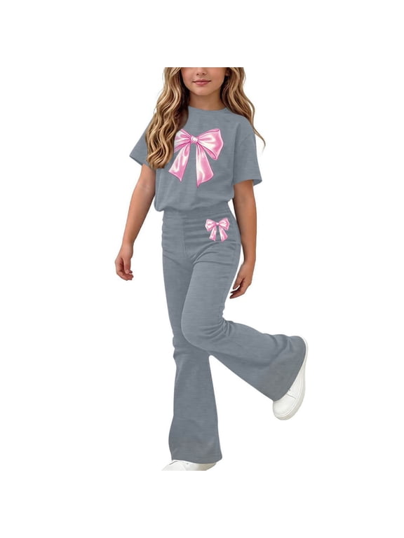 Girls Summer Outfit Sets, Short Sleeve Casual School Kids' Clothing Sets Girls' 2 Piece Sets Gray Size 14