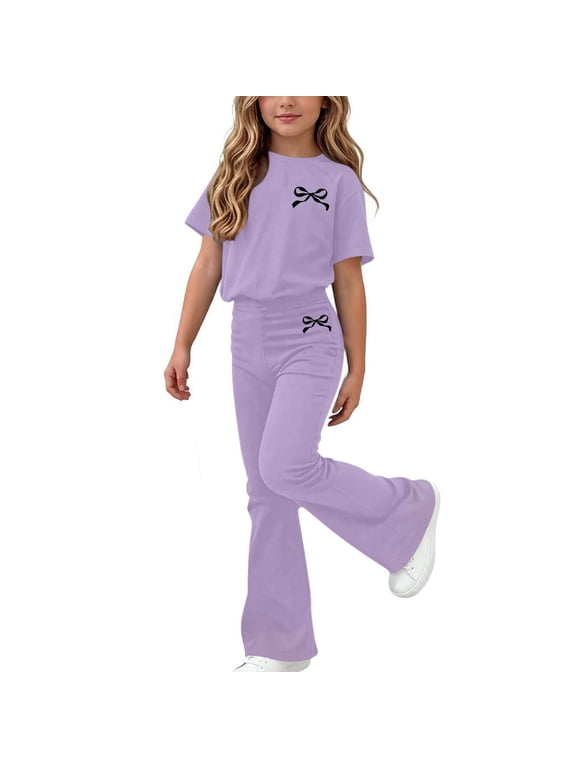 Girls Summer Outfit Sets Size 10-12, Casual Short Sleeve Graphic Kids' Clothing Sets Girls' 2 Piece Sets Purple Size 10