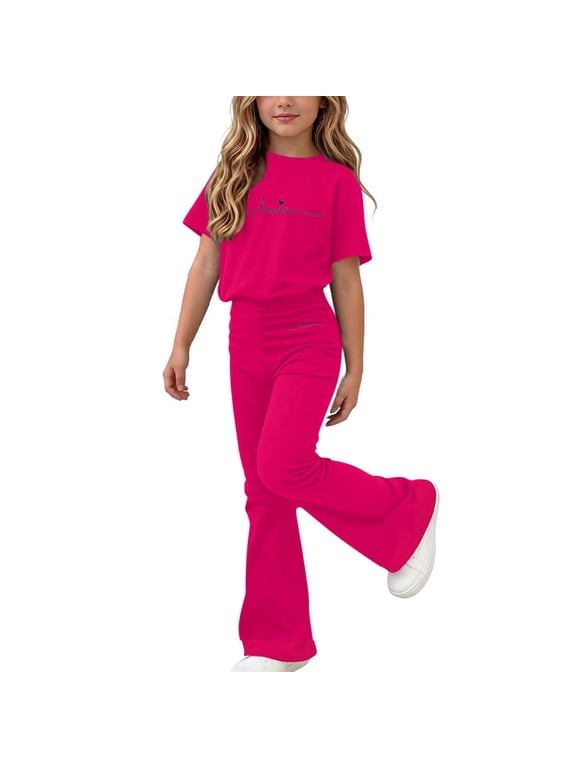 Girls Summer Outfit Sets Size 10-12, Printed Short Sleeve Casual Kids' Clothing Sets Girls' 2 Piece Sets Hot Pink Size 10