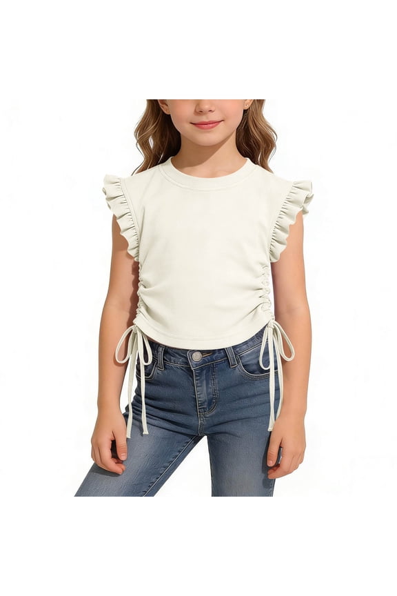 Girls T Shirts, Casual Flutter Sleeve Crew Neck School Kids Summer Tops White Size 7-8 T