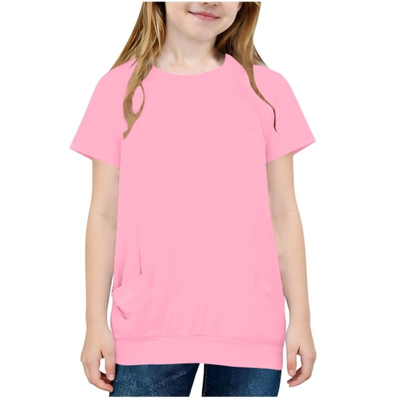 Fnooota Girls T Shirts, Crew Neck Casual Short Sleeve Solid Color Summer Tops Pink Size 14-16