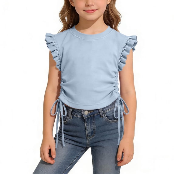 Fnooota Girls T Shirts, Flutter Sleeve Casual School Crew Neck Kids Summer Tops Blue Size 5T
