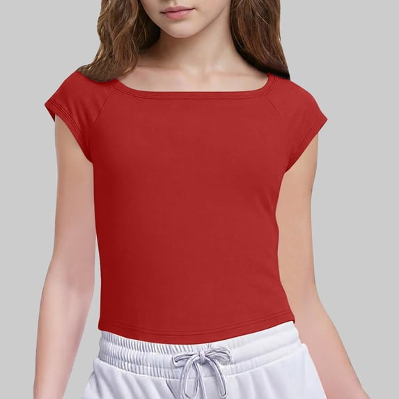 Fnooota Girls T Shirts, Side Slit Casual Short Sleeve Crew Neck Summer Tops Red Size 9-10 T