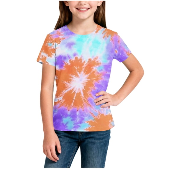 Fnooota Girls T Shirts, Soft Short Sleeve Tie Dye Crew Neck Summer Tops Orange Size 7-8