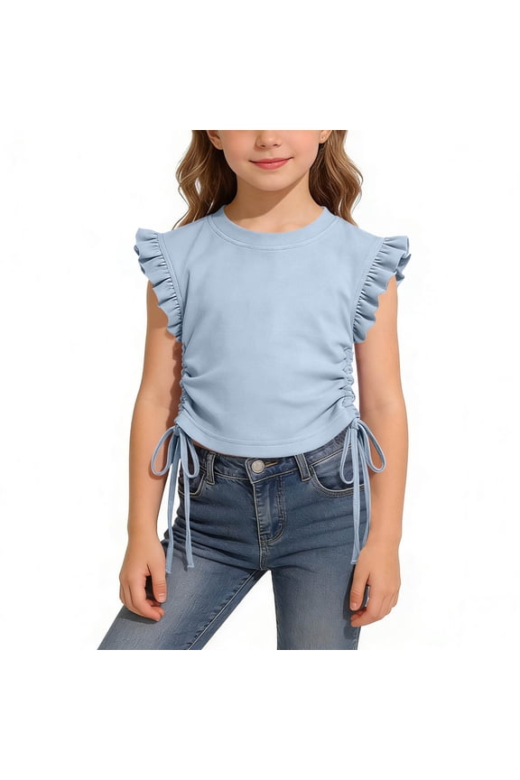 Girls T Shirts, Summer Crew Neck Fashion Flutter Sleeve Kids Tees Blue Size 6