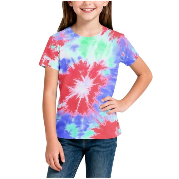 Fnooota Girls T Shirts, Tie Dye Soft Crew Neck Short Sleeve Summer Tops Red Size 3-4 T
