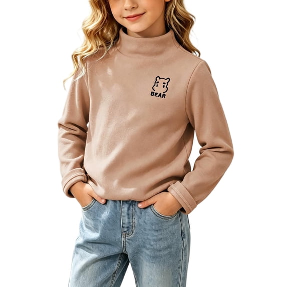 Fnooota Girls Thermal Tops, Mock Neck Fall Winter Long Sleeve Knitted Layering Tops Khaki Size 7-8 T