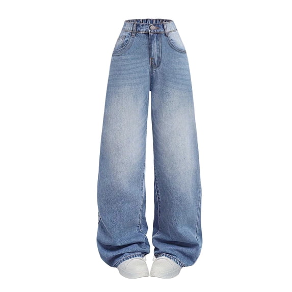 Mooqilaa Girls Wide Leg Jeans, Elastic Waist Casual Baggy Fall Denim Pants with Pockets Light Blue Size 9-10 T