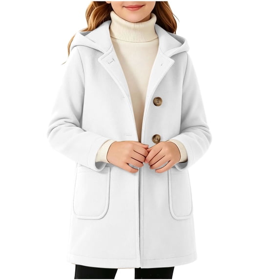 Mooqilaa Girls Wool Blend Peacoats, Lapel Collar Mid-Length Hooded Single Breasted Winter Outerwear White Size 4-5T