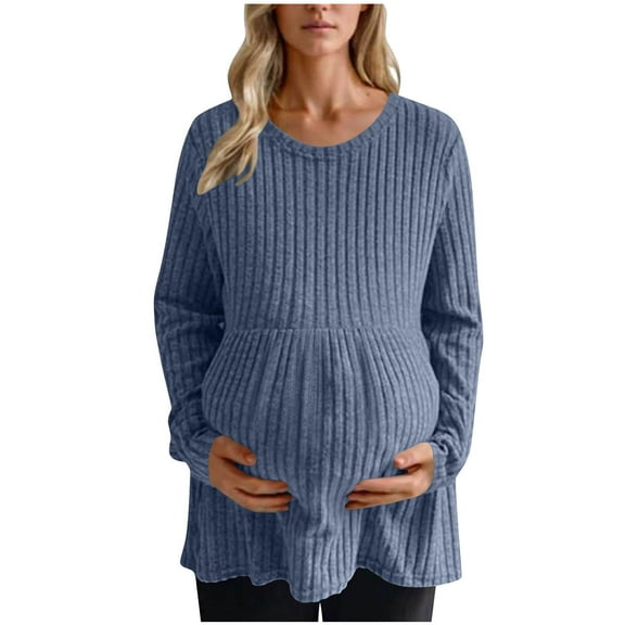 Fnooota Long Sleeve Tops for Maternity, Stretchy Crew Neck Pullover Knitted Pregnancy Clothes Blue Size M