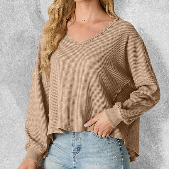 Fnooota Long Sleeve Tops for Women, 2025 Loose V Neck Casual Spring Blouses Khaki Size L