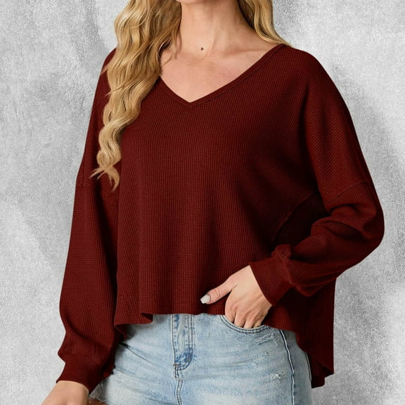 Fnooota Long Sleeve Tops for Women, 2025 V Neck Loose Casual Spring Blouses Wine Size M