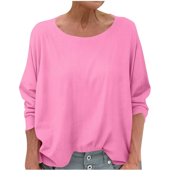 Fnooota Long Sleeve Tops for Women, Casual Crewneck Loose Cotton Linen Summer Fall Blouses Pink Size 2XL