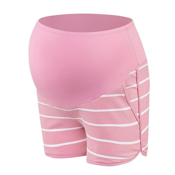 Fnooota Maternity Biker Shorts, Cotton Yoga Stretchy Stripe Summer Shorts Over The Belly Pink Size M