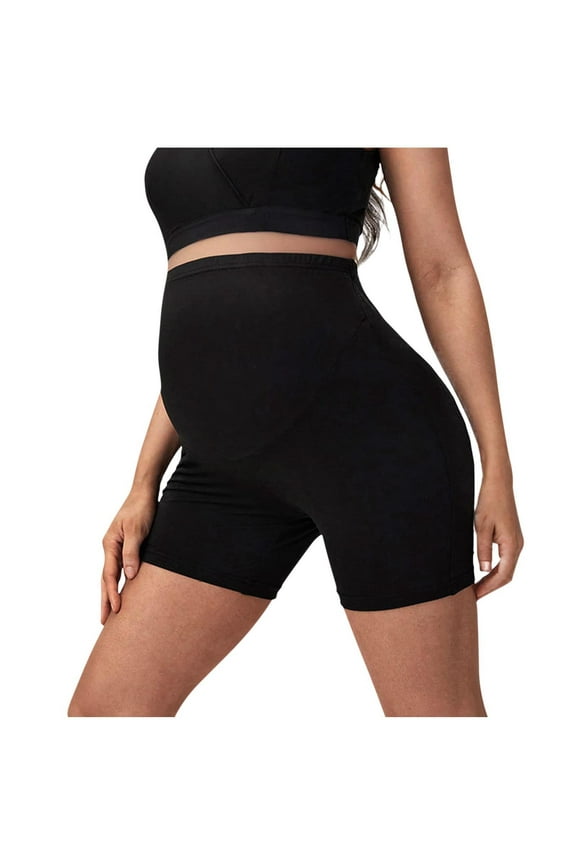 Maternity Biker Shorts Over The Belly , Slim Fit Summer Cotton Stretchy Yoga Shorts Black Size S
