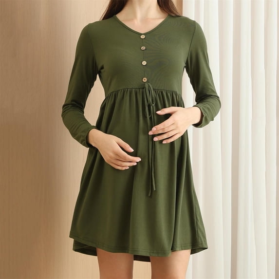Fnooota Maternity Casual Dresses, Long Sleeve Crew Neck Mid-length Loose Fit Pregnancy Dresses Army Green Size M