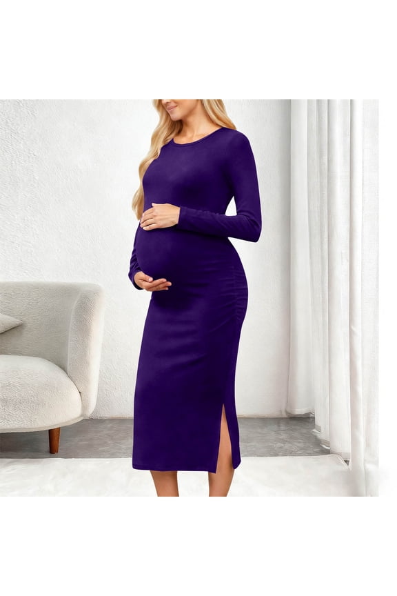 Maternity Casual Dresses, Long Sleeve Crew Neck Side Slit Soft Pregnancy Maxi Dresses Purple Size 2XL