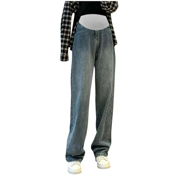 Fnooota Maternity Jeans over The Belly, Relaxed Fit Stretchy Elastic Waist Straight Leg Denim Pants Blue Size M-2XL