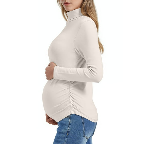 Fnooota Maternity Long Sleeve Tops, Casual Slim Fit Pleated Turtleneck Pregnancy Thermal Undershirts Beige Size 2XL