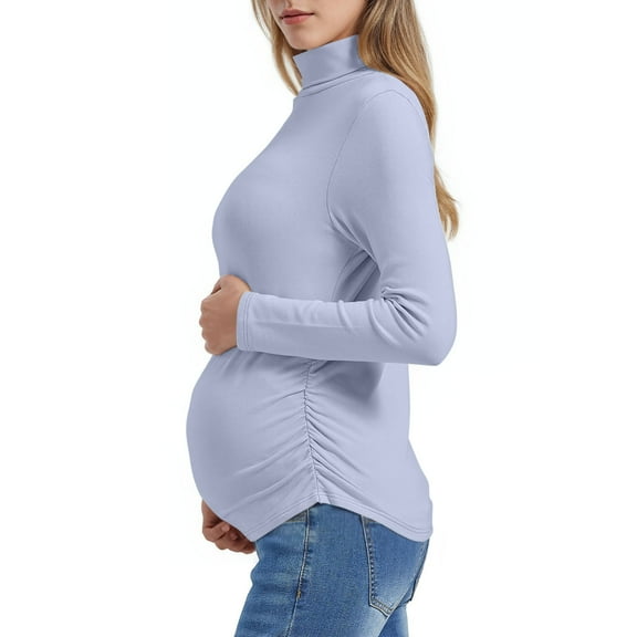 Fnooota Maternity Long Sleeve Tops, Pullover Slim Fit Pleated Turtleneck Pregnancy Thermal Undershirts Sky Blue Size S