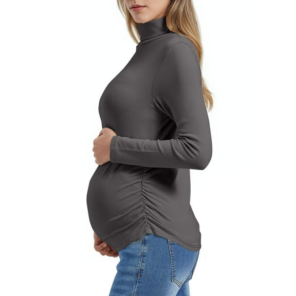 Fnooota Maternity Long Sleeve Tops, Slim Fit Pleated Casual Turtleneck Pregnancy Thermal Undershirts Gray Size S-3XL