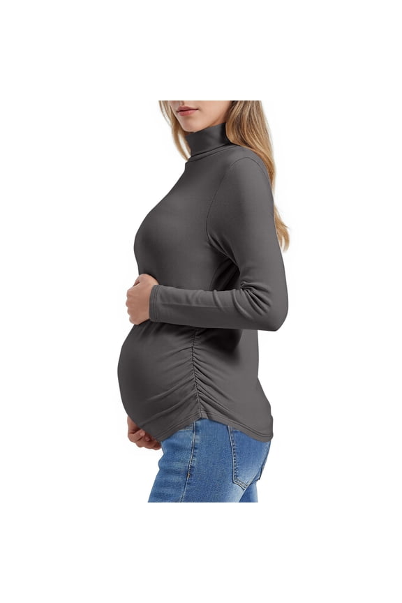 Maternity Long Sleeve Tops, Slim Fit Pleated Casual Turtleneck Pregnancy Thermal Undershirts Gray Size S-3XL