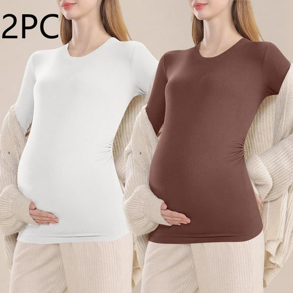 Fnooota Maternity Long Sleeve Tops, Slim Fit Stretchy Soft 2 Piece Maternity Undershirts Brown Size XL