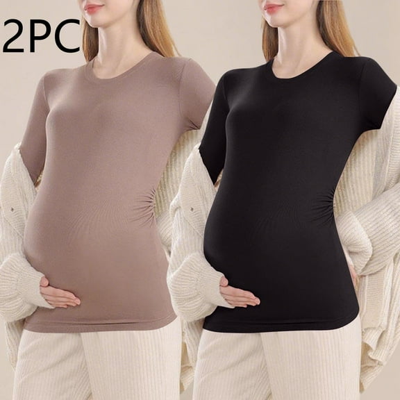 Fnooota Maternity Long Sleeve Tops, Soft Stretchy 2 Piece Slim Fit Maternity Undershirts Black Size XL