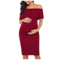 thumbnail image 1 of Fnooota Maternity Off the Shoulder Dresses, Casual Ruffled Short Sleeve Slim Fit Summer Dresses Wine Size L, 1 of 5
