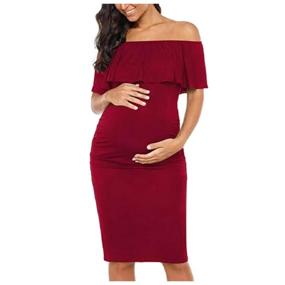 Fnooota Maternity Off the Shoulder Dresses, Casual Ruffled Short Sleeve Slim Fit Summer Dresses Wine Size L