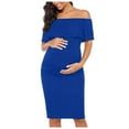 thumbnail image 1 of Fnooota Maternity Off the Shoulder Dresses, Slim Fit Short Sleeve Ruffled Casual Summer Dresses Blue Size S, 1 of 5