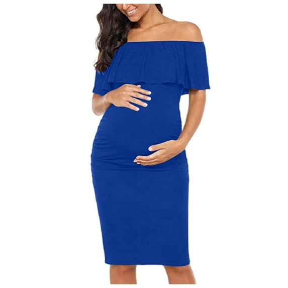 Fnooota Maternity Off the Shoulder Dresses, Slim Fit Short Sleeve Ruffled Casual Summer Dresses Blue Size S