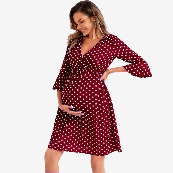 Fnooota Maternity Summer Dresses, Mid-length V Neck Casual 3/4 Sleeve Pregnancy Holiday Dresses Wine Size 2XL