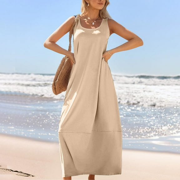 Fnooota Maxi Dresses for Women 2025, Sleeveless Holiday Loose Crewneck Summer Dresses Khaki Size M