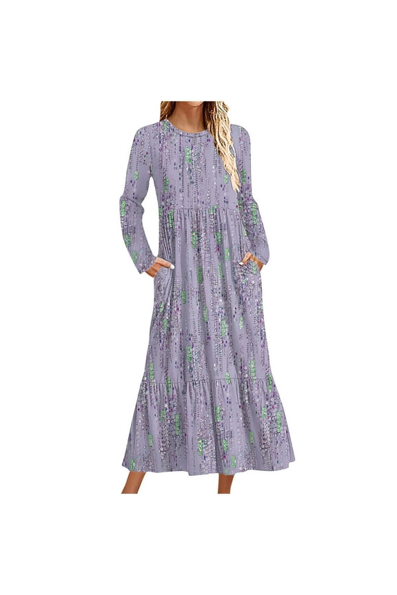 Maxi Dresses for Women, Spring Fall Long Sleeve Crew Neck Casual Party Dress Purple Size 2XL