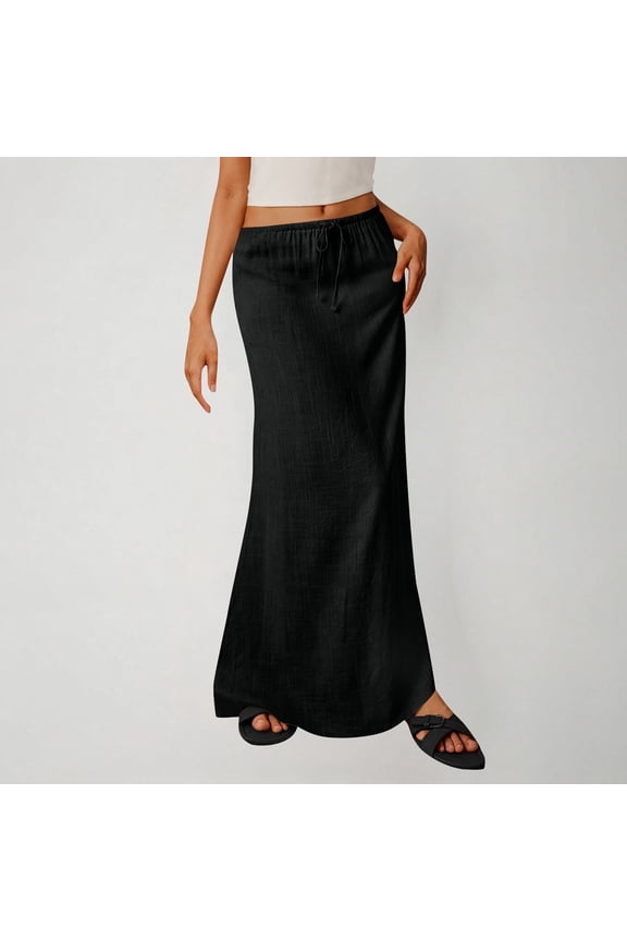 Maxi Skirts for Women, High Waist Summer Cotton Linen Back Split Long Skirts Black Size M
