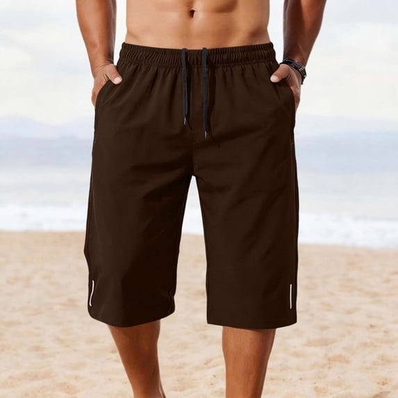 Fnooota Men's Athletic Shorts with Pockets, Drawstring Relaxed Fit Below the Knee Elastic Waist Activewear Shorts Brown Size M