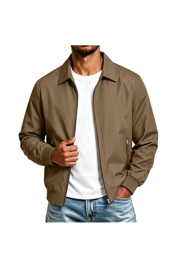 Men's Bomber Jackets, Lapel Collar Lightweight Long Sleeve Zip up Outerwear for Spring Fall Khaki Size S-3XL