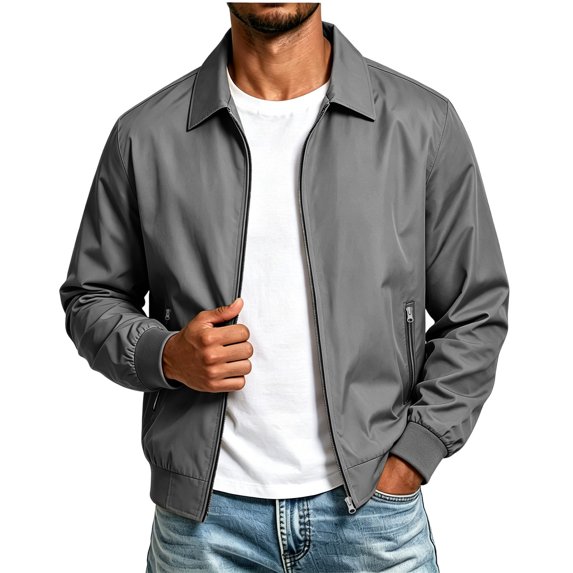 Fnooota Men's Bomber Jackets, Lapel Collar Zip up Long Sleeve Lightweight Outerwear for Spring Fall Gray Size L