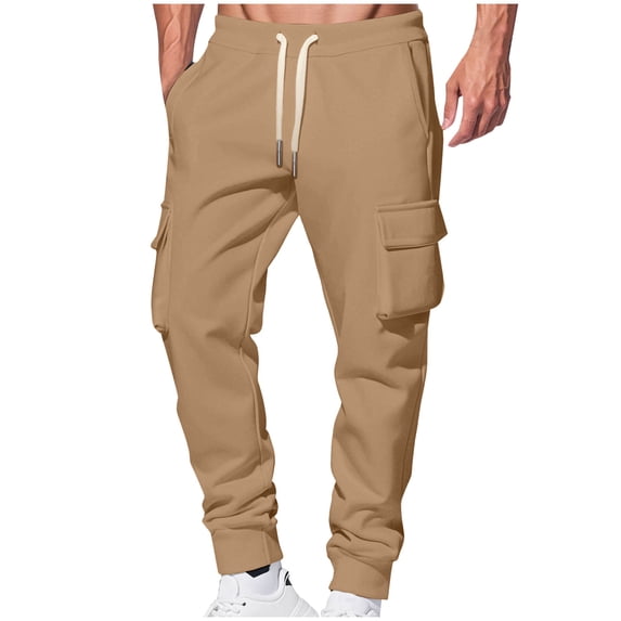 Fnooota Men's Cargo Sweatpants, Warm Elastic Bottom Drawstring Casual Joggers with Pockets Khaki Size 3XL
