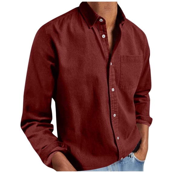 Fnooota Men's Casual Button Down Shirts, Collared Work Basic Lightweight Long Sleeve Shirts Wine Size M