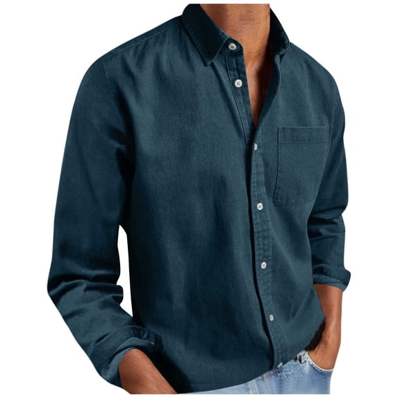 Fnooota Men's Casual Button Down Shirts, Lightweight Basic Collared Work Long Sleeve Shirts Dark Blue Size L