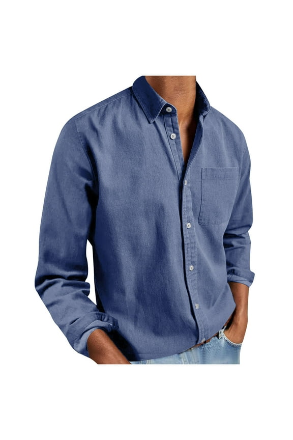 Men's Casual Button Down Shirts, Lightweight Work Basic Collared Long Sleeve Shirts Blue Size L