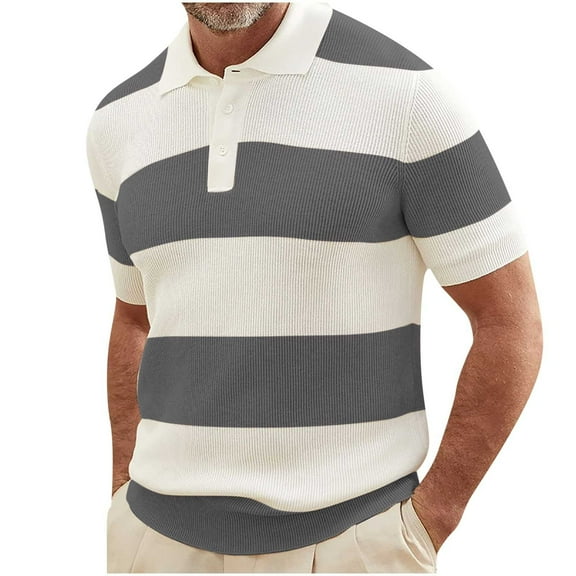 Fnooota Men's Casual Polo Shirts, Knitting Cotton Stripe Short Sleeve Collared Summer Tops Gray Size M