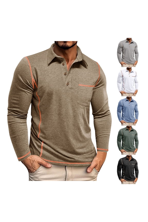 Men's Casual Polo Shirts, Lapel Work Pullover Spring Fall Long Sleeve Tops Khaki Size S-3XL