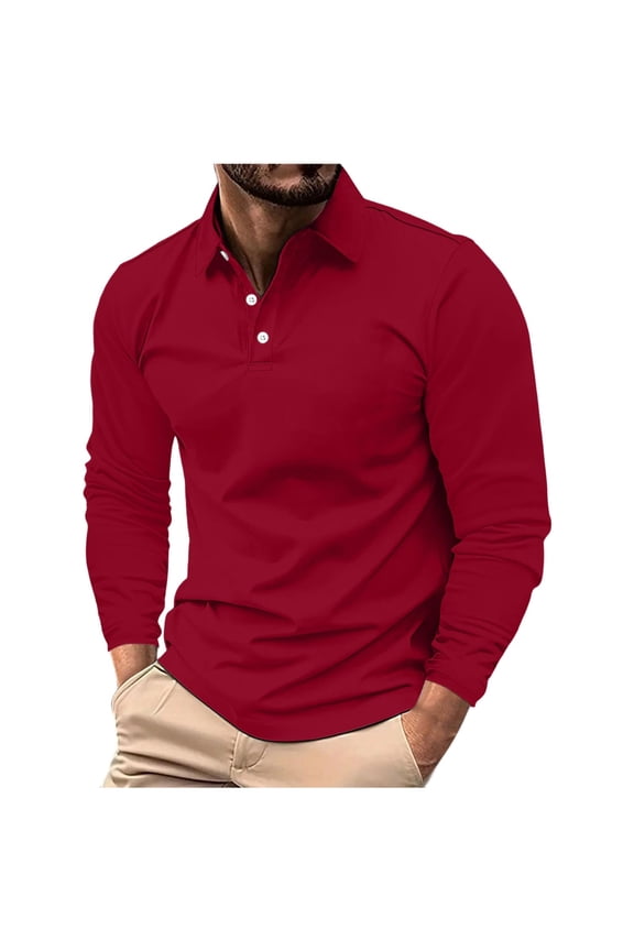 Men's Casual Polo Shirts, Long Sleeve Solid Color Pullover Collared Fall Tops Red Size 2XL