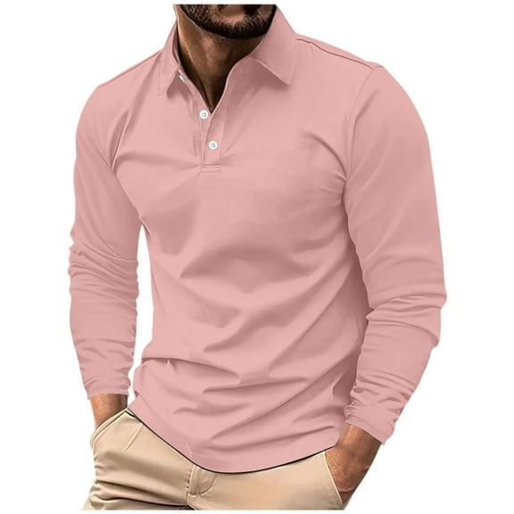 Fnooota Men's Casual Polo Shirts, Pullover Collared Long Sleeve Solid Color Fall Tops Pink Size XL
