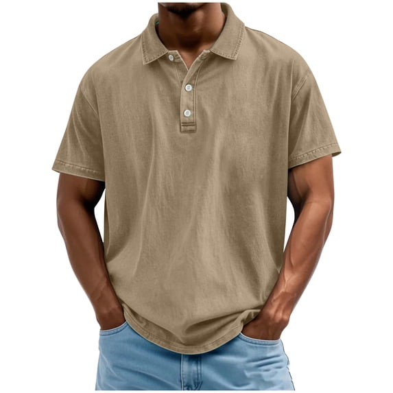 Fnooota Men's Casual Polo Shirts, Summer Pullover Collared Fashion Short Sleeve Tops Khaki Size S