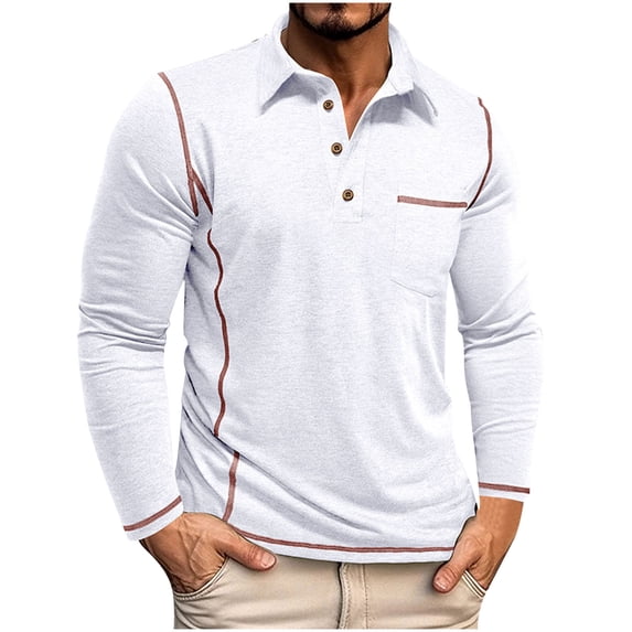 Fnooota Men's Casual Polo Shirts, Work Spring Fall Pullover Lapel Long Sleeve Tops White Size L
